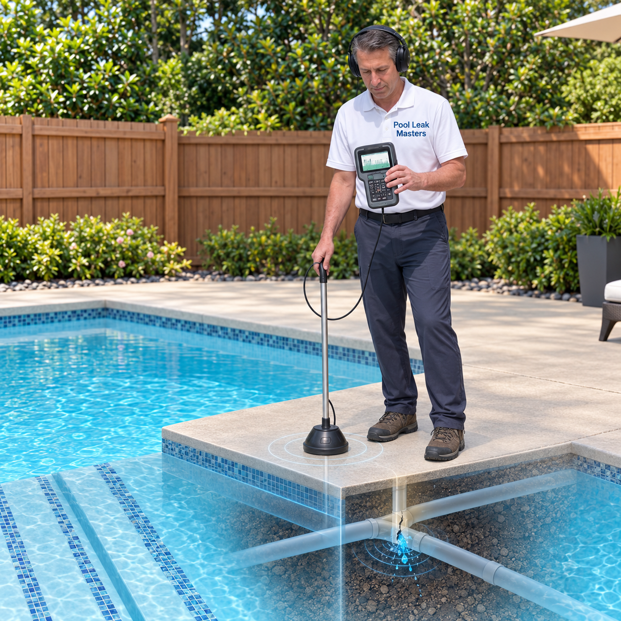 Pool Leak Masters technician using acoustic equipment to locate an underground pool leak
