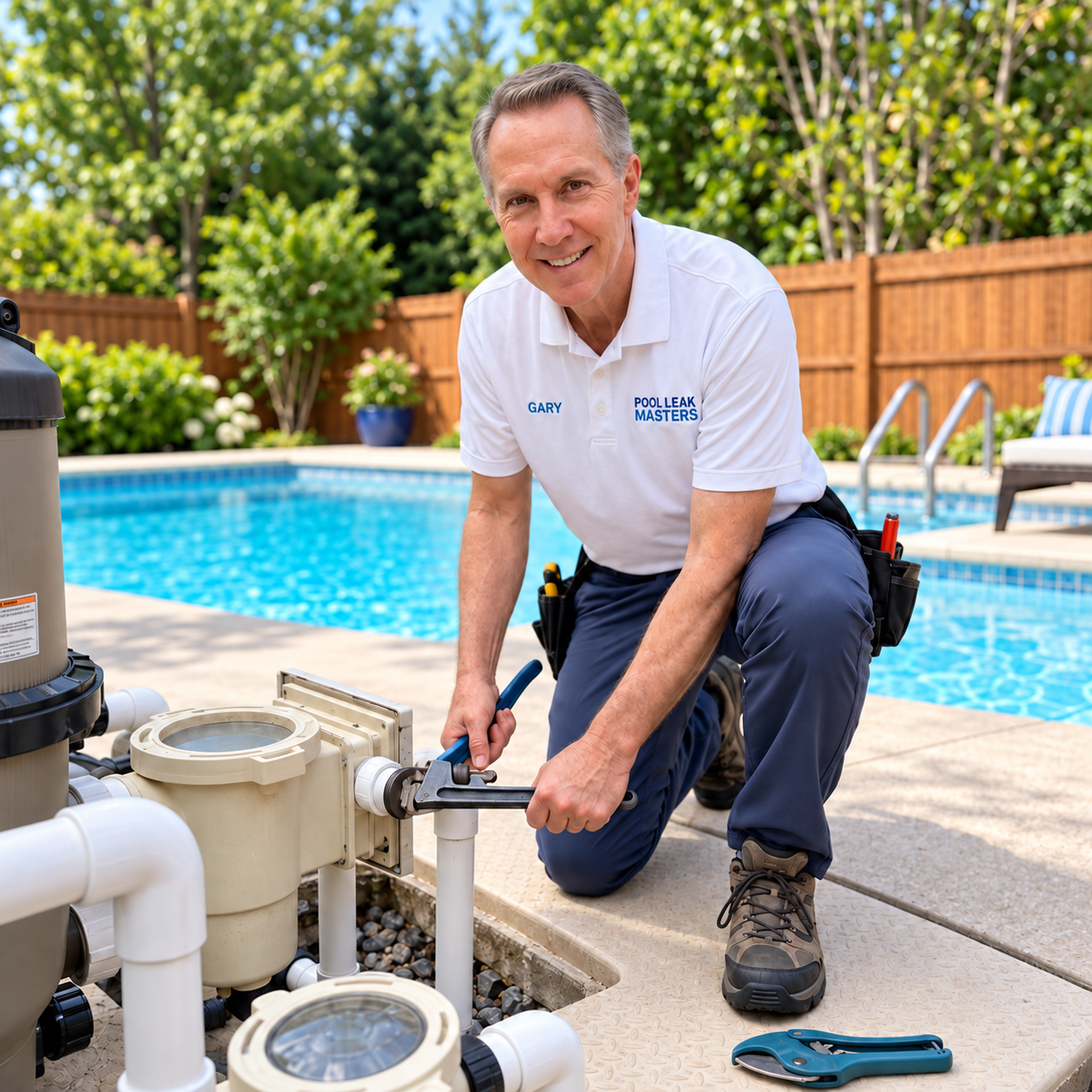 Pool Leak Masters technician repairing pool equipment and plumbing at the equipment pad