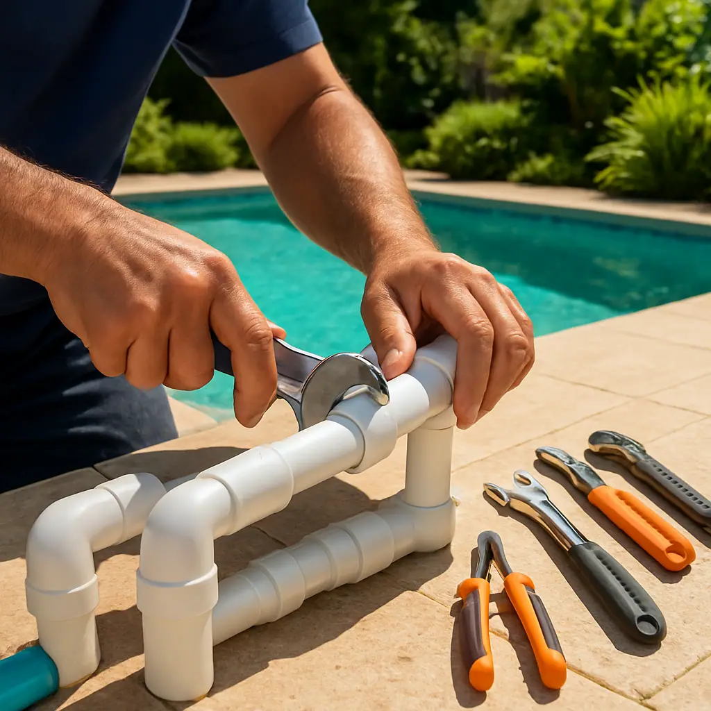 Technician carefully repairing pool plumbing